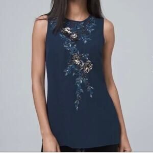 White House Black Market Teal Floral Sequin Beaded Blouse Size 4